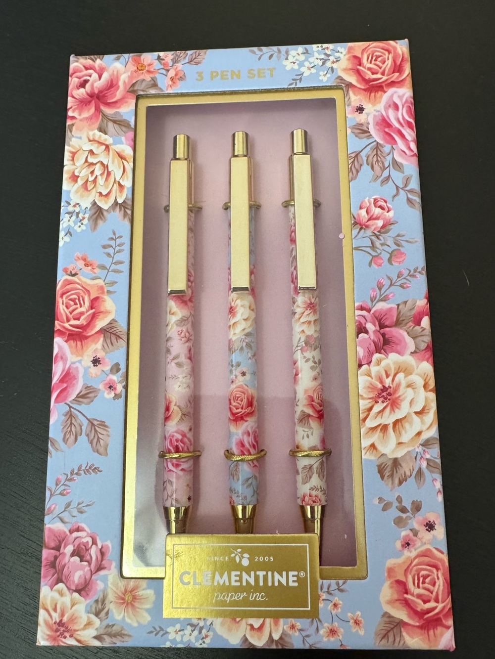 Clementine Pens- 3 Piece Set with Pink & Peach Floral Design.